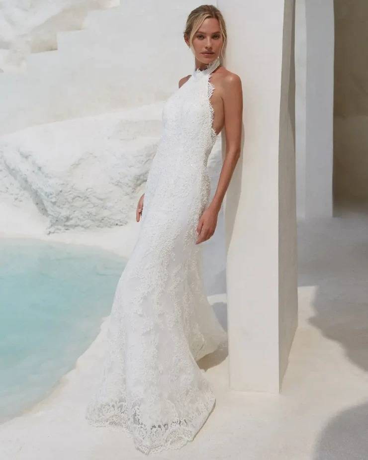 lace overlay high neck bridal dress