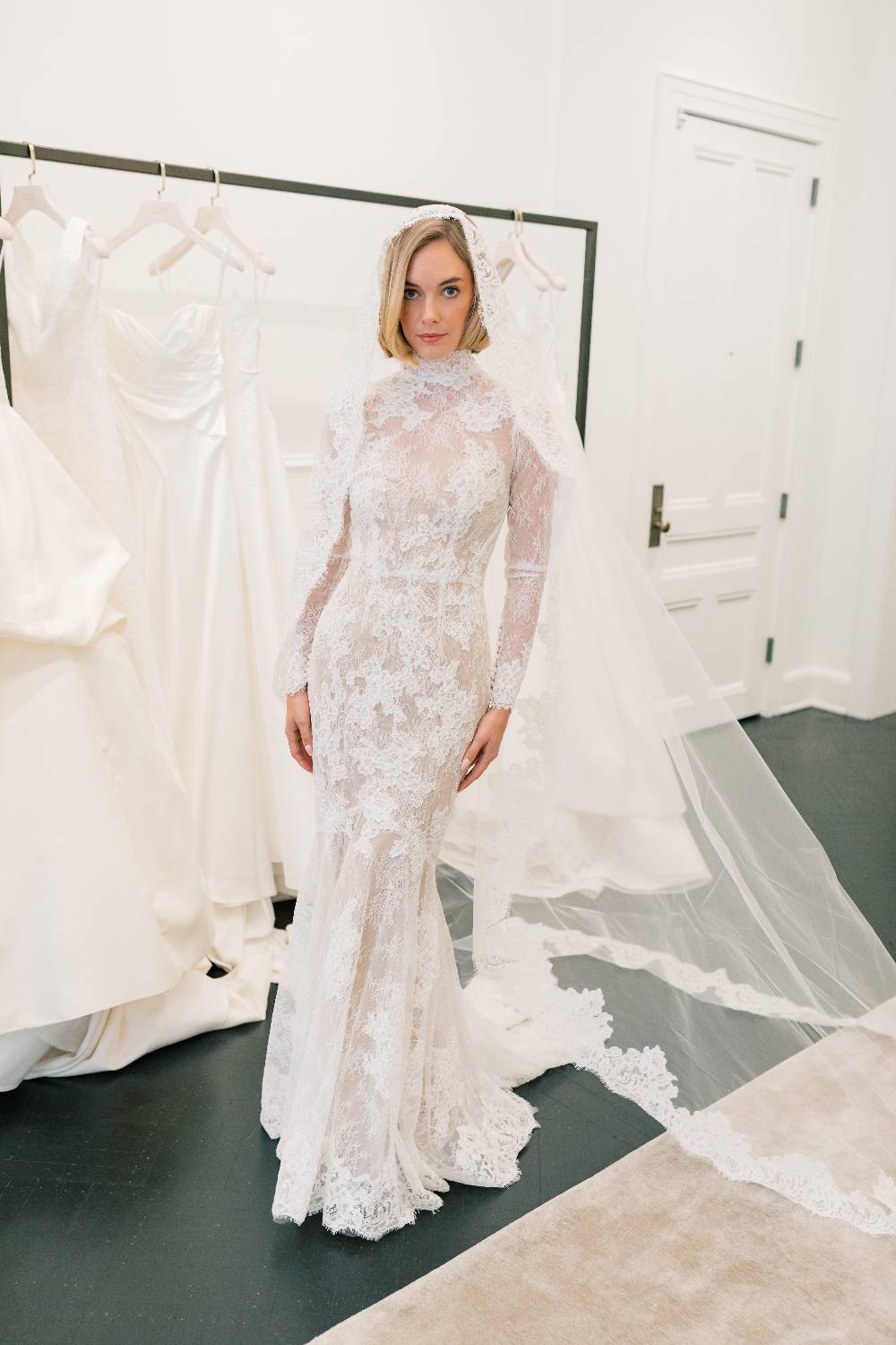 high neck long sleeve lace wedding dress by anne barge