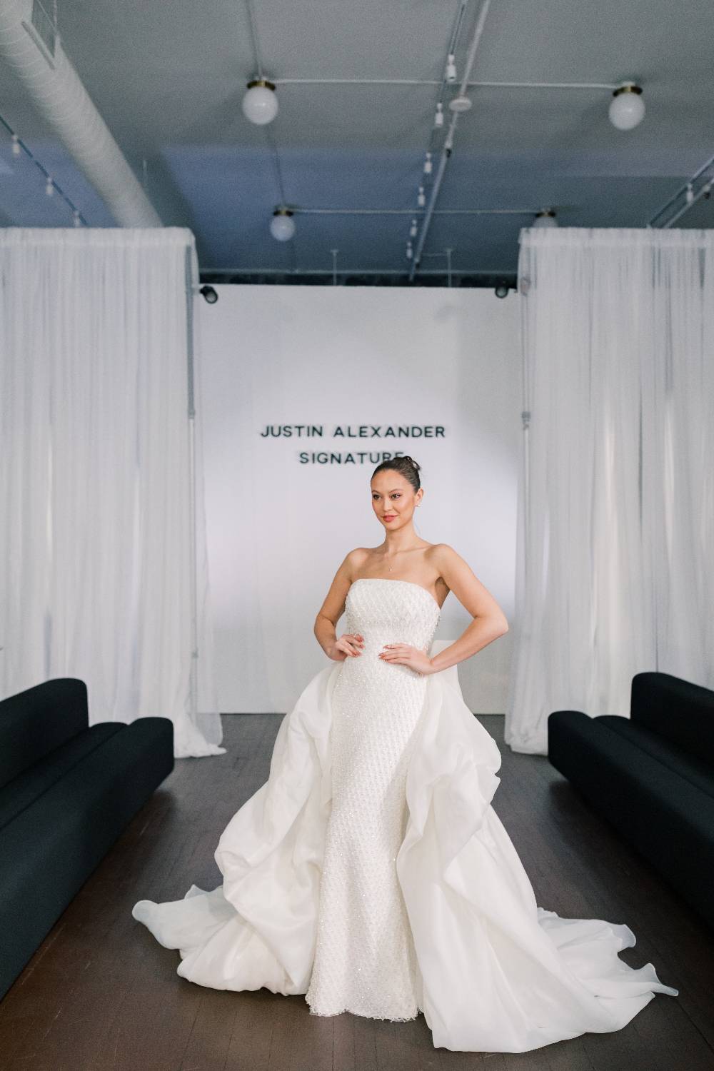 hip swoop wedding dress by justin alexander