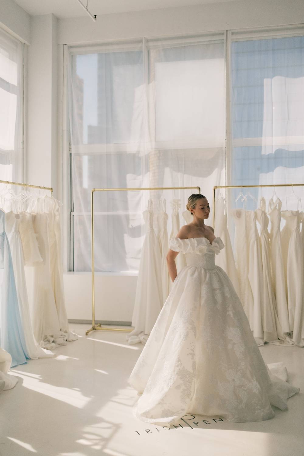 ruffle floral jacquard wedding dress by trish peng
