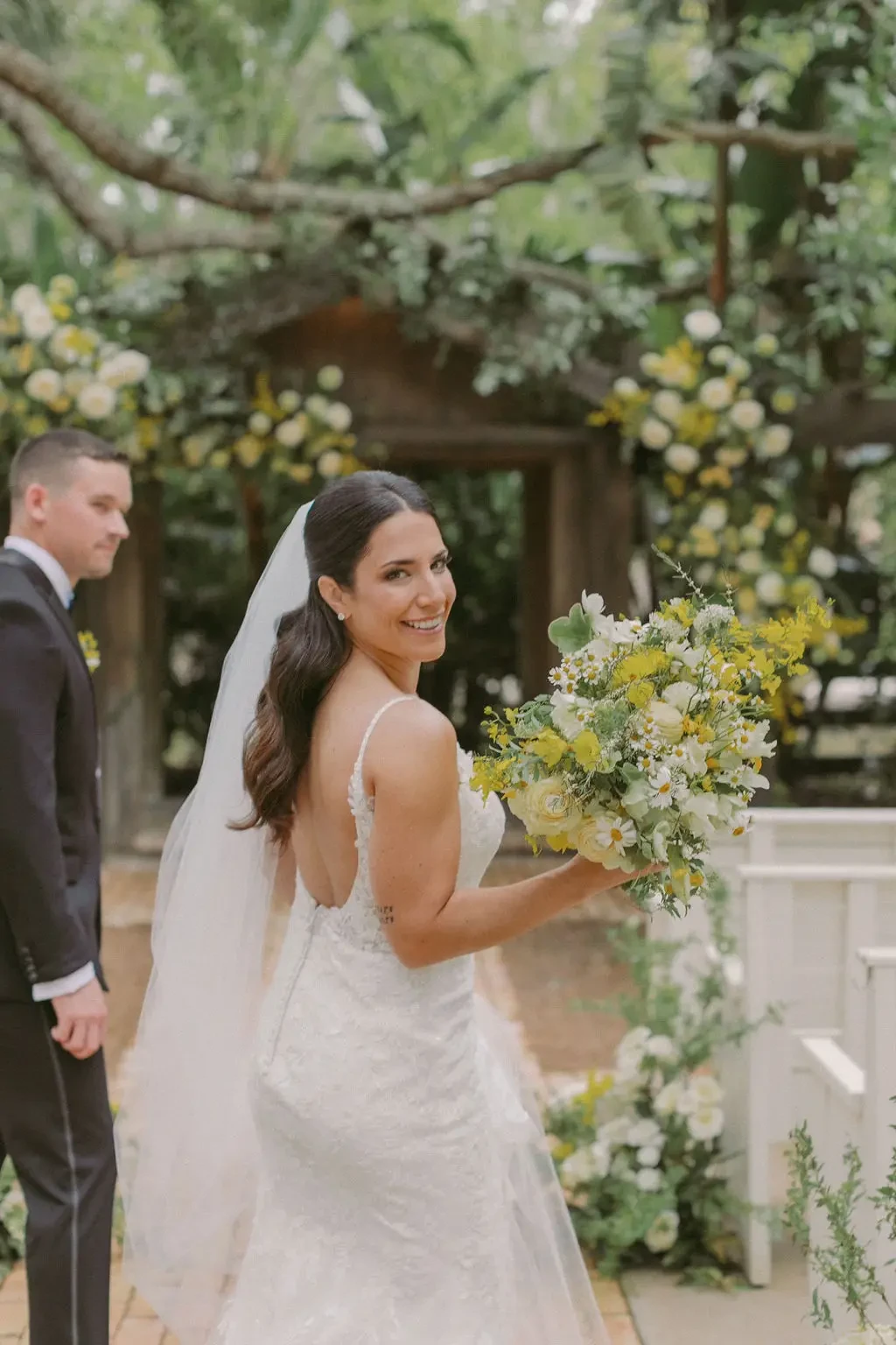 Justine’s Tropical Garden Wedding in a Romantic Floral Lace Wedding Dress. Desktop Image