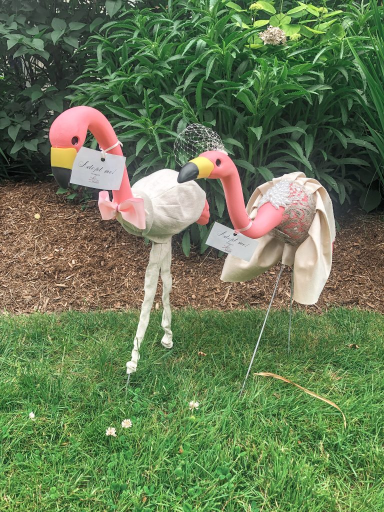 Andy and Marry- two of our wedding lawn flamingos
