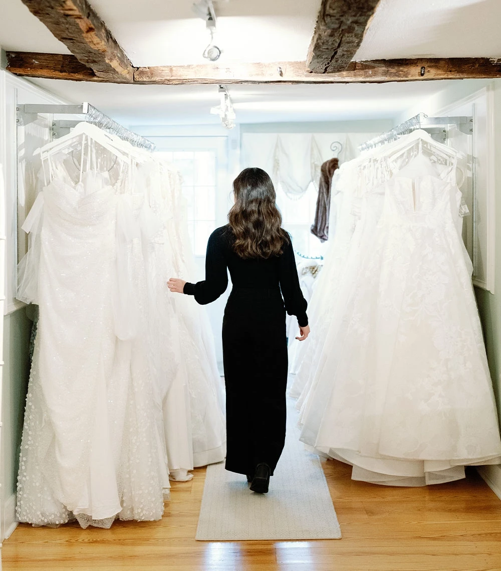 Model wearing a bridal white gown